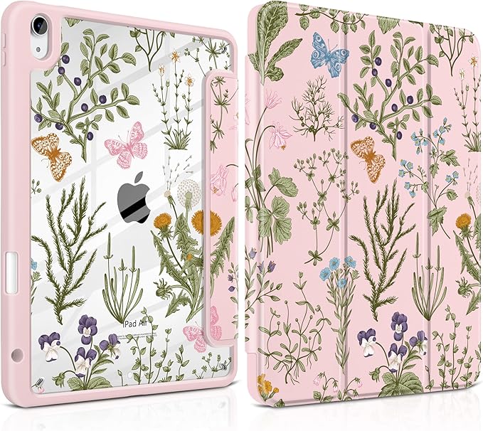 DONGKE Case for iPad Air 11-inch M4 2026 &amp M3 2025 &amp M2 2024 iPad Air 5th/4th Generation 10.9 2022/2020 [Built-in Pencil Holder] Clear Acrylic Back Trifold Stand Smart Cover Wildflower &am