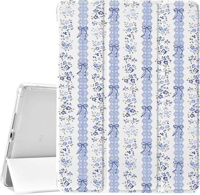 JOYLAND Floral Blue Bow Case for iPad 10th Generation Case 10.9 inch/iPad (A16) 11th Generation 11 Inch 2025 with Pencil Holder-Trifold Stand Protective Cover with Soft TPU BackWhite
