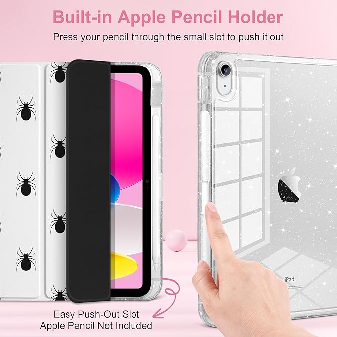 MEEgoodo Case for iPad A16 11th Generation 2025/10th Generation 2022 Glitter Tablet Cases with Transparent Acrylic Back+Trifold Stand +Pencil Holder+Auto Wake/SleepSpider Pattern