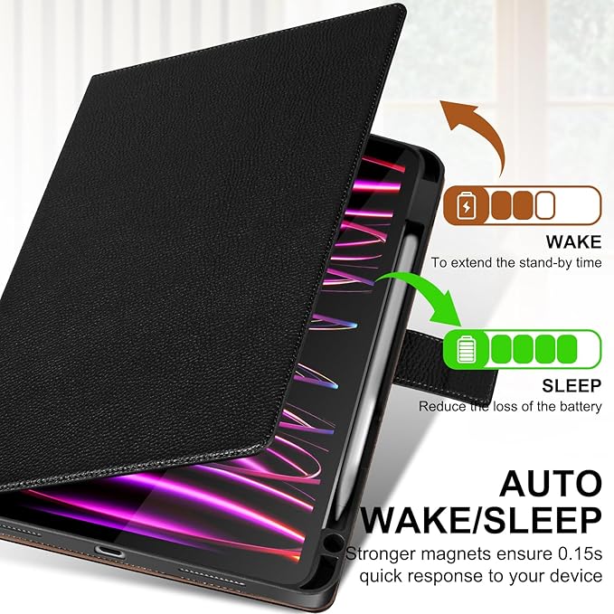 Genuine Leather Case for iPad Pro 11 Inch 4th/3rd/2nd/1st Generation 2022/2021/2020/2018 | with Pencil Holder and Adjustable Stand Magnetic Closure Auto Wake/Sleep Cover | Black