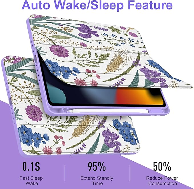 DONGKE for iPad 9th/8th/7th Generation Case 10.2 Inch (2021/2020/2019) [Auto Sleep/Wake &amp Pencil Holder] Clear Acrylic Back Trifold Stand Cover Purple Botanical Wildflower