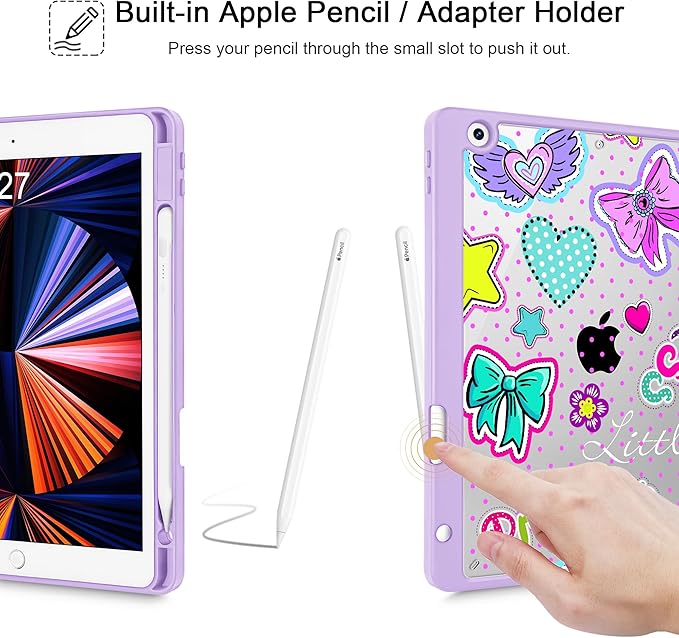 for iPad 9th Generation with Pencil Holder iPad 8th/7th Gen Case 10.2-inch [Built in Pencil Holder] Trifold Stand Auto Wake/Sleep Clear TPU Protection Back Cover Girlis Pink Pattern