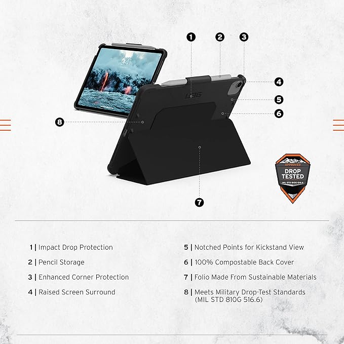 URBAN ARMOR GEAR UAG Designed for iPad 10.2 inch 9th Generation 2021 &amp iPad 8th Generation 2020 Case Black Rugged Multi Angle Viewing Stand Folio Pencil Holder Biodegradable Outback Protective Cov