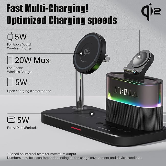 5 in 1 Wireless Charging Station with Alarm Clock for Apple 15W Magnetic Wireless Charger Stand with Alarm Clock for iPhone 17/16/15/14/13/12 iWatch Ultra10/9/8/7/6 AirPods