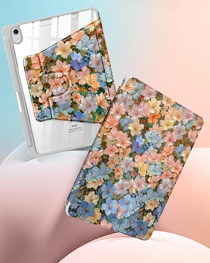 for iPad A16 Case for iPad 10th Generation Case 10.9 inch - 360 Degree Rotating Stand Folio Smart Cover with Pencil Holder for Women Girls Beautiful Flowers for Apple 10th 2022/11th 2025