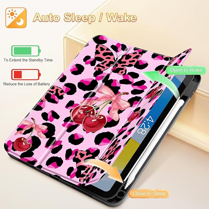 Tuiklol Case for iPad 10.2 Inch 2021 2020 2018 Release 9th / 8th / 7th Generation Built-in Pencil Holder TPU Protective Stand Back Cover Trifold Stand-Auto Wake/Sleep Butterfly Cherry
