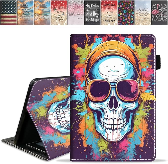 Case for Amazon Kindle Fire 7 Tablet (7 9th/7th Generation 2019/2017 Release) Slim PU Leather Cover with Card Slot &amp Auto Wake/Sleep Watercolor Art Skull