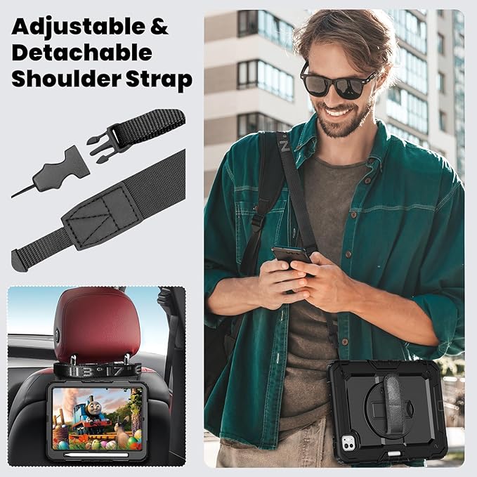 for iPad Pro 11 inch Case M5 2025/M4 2024 Shockproof Case for iPad Pro 11 M5/M4 with Screen Protector/Pencil Holder/Rotating Kickstand [Hand &amp Shoulder Strap]Black