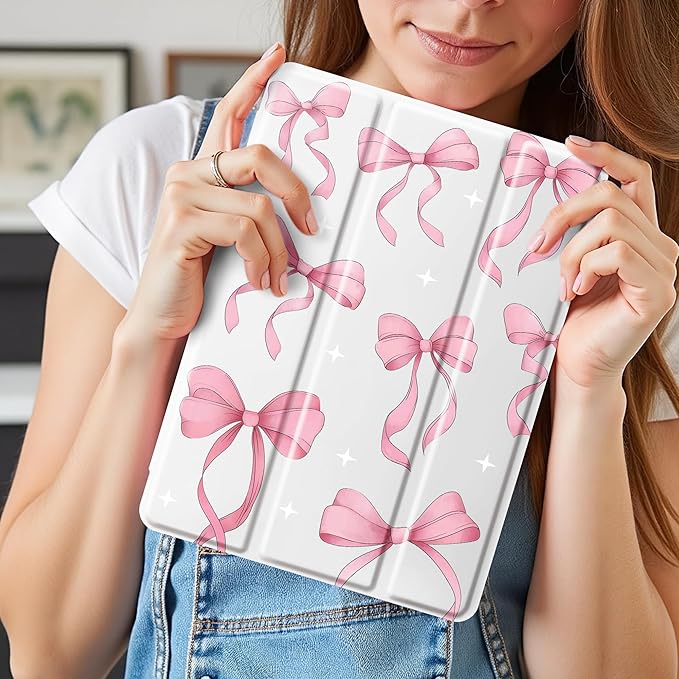 Idocolors Cute Pink Bow Case for 11 iPad Pro(2024) Tri-Fold Tablet Case with Auto Wake/Sleep &amp Pencil Holder - Vibrant Protective Cover for Women Girls and Teens White