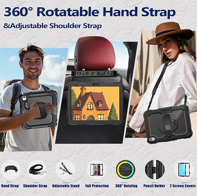 Weuiean Case for iPad A16 11th/10th Generation 11/10.9 Military-Grade Heavy-Duty Shockproof Cover with 360° Rotating Stand Built-in Pencil Holder &amp Adjustable Hand/Shoulder Strap - Black