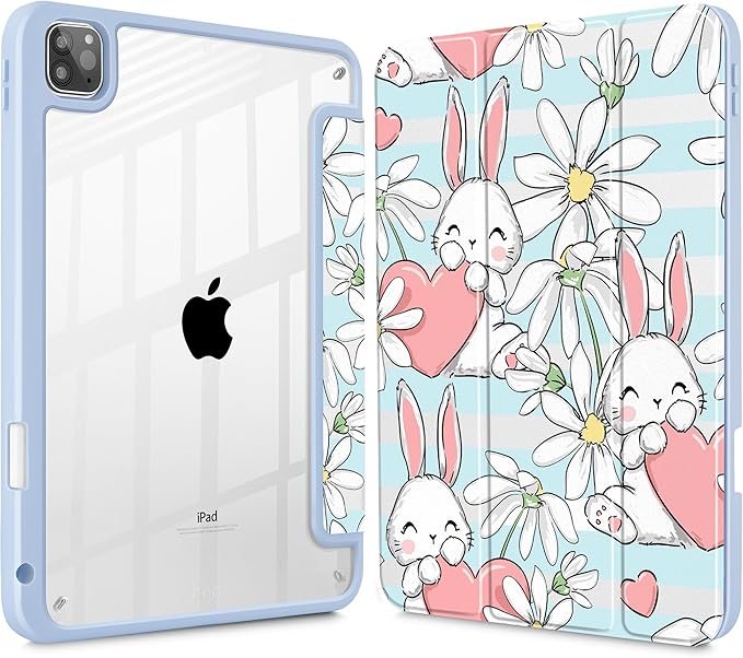 May Chen for iPad Pro 11 inch M2 4th Generation 2022 iPad Pro 11 3rd/2nd/1st Gen Built-in Pencil Holder with Shockproof Cover Clear Transparent Back Shell Auto Wake/Sleep Heart Rabbits