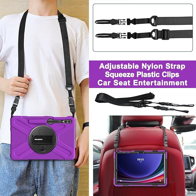 BRAECN for Samsung Galaxy Tab S10+ Plus/S9+/S9 FE + /S8+ Plus/S7 +Plus /S7 FE 12.4 InchHeavy Duty Shockproof Case with S Pen Holder&amp360 Rotating Hand Strap/Kickstand/Shoulder Strap -Purple