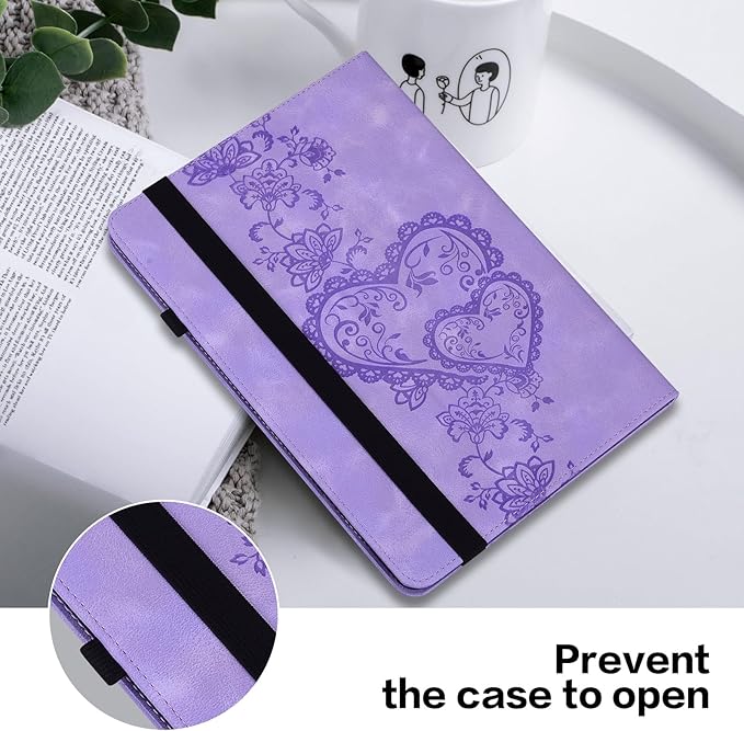 Case for Lenovo Idea Tab Pro 12.7 Inch 2025 Embossed Heart PU Leather Protective Tablet Case with Elastic Band &amp Card Slots/Holder Multi-Angle Viewing Stand Cover Purple