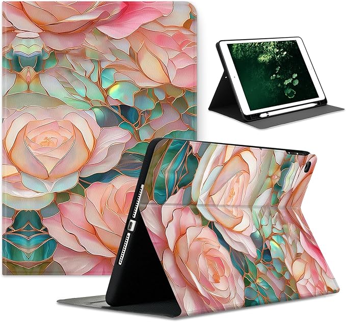 Compatible with iPad Air 13 inch Case (M3 2025 /M2 2024)/12.9 inch Case (6th/5th/4th/3rd 2022/2021/2020/2018) with Pencil HolderAuto Wake/Sleep Protect CoverBlooming Pink Rose