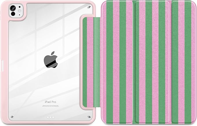 DONGKE for iPad Pro 11-Inch Case (M5 2025 / M4 2024) 6th/5th Generation [Auto Sleep/Wake &amp Pencil Pro Holder] Clear Acrylic Back Smart Trifold Stand Cover Green Stripes