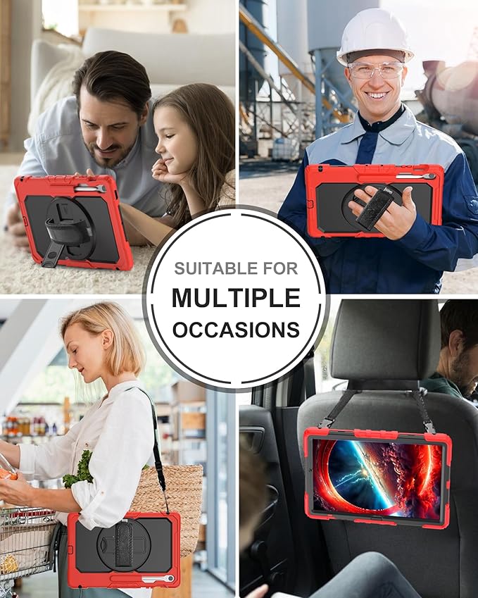 Case for Samsung Galaxy Tab S10 FE Plus 5G Tablet 13.1'' Shockproof Protective Cover with Tempered Glass Screen Protector Rotatable Kickstand S Pen Holder Hand/Shoulder Strap Red