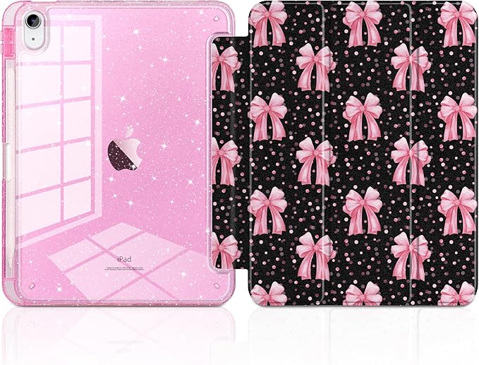 DONGKE for iPad Pro 11 inch Case – Fits M5 2025 / M4 2024 Shockproof Sparkling Glitter Acrylic Back Pencil Holder Trifold Stand Auto Sleep/Wake &amp Touch ID Support - Pink Bows