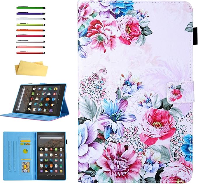 Case for 10.1 Amazon Kindle Fire HD 10 Tablet 9th/7th Generation 2019 and 2017 with Stylus Holder Card Slots [Auto Sleep/Wake] Smart Stand PU Leather TPU Magnetic Folio Cover Colorful Rose