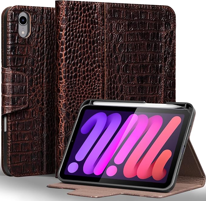 Gexmil Premium Leather Case for iPad mini 7 (A17 Pro) 2024 / iPad mini 6 Generation 2021 8.3 InchPencil Holder Magnetic ClosureShockproof Cowhide CoverAdjustable StandBrown Crocodile