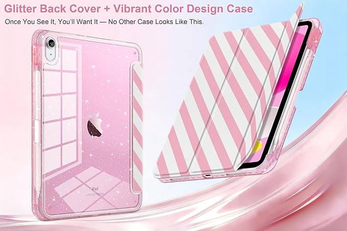 MEEgoodo Case for iPad A16 11th Generation 2025/10th Generation 2022 Glitter Tablet Cases with Transparent Acrylic Back+Trifold Stand +Pencil Holder+Auto Wake/SleepPink and White Stripes