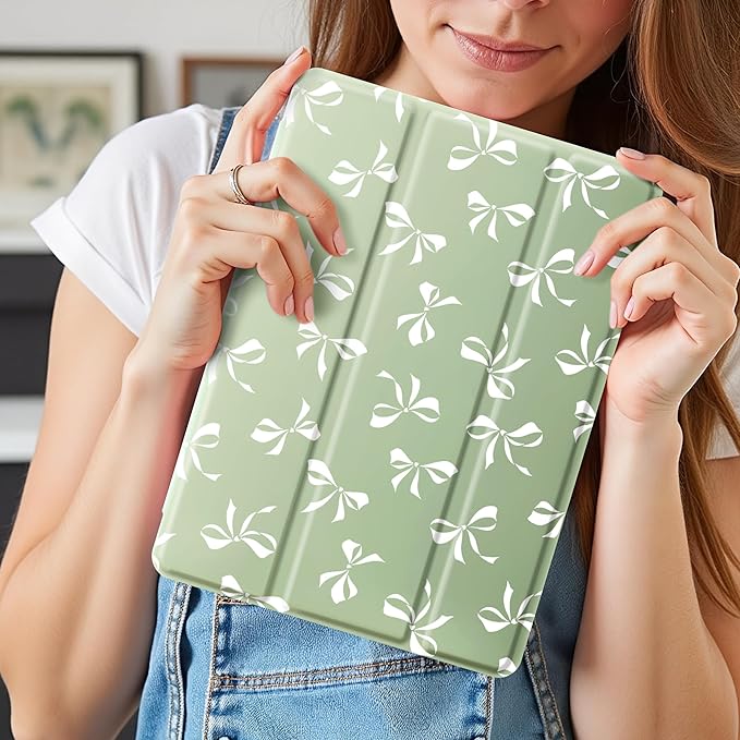 Idocolors Cute White Bow Case for 8.3 iPad mini 6 Tri-Fold Tablet Case with Auto Wake/Sleep &amp Pencil Holder - Vibrant Protective Cover for Women Girls and Teens (Green)