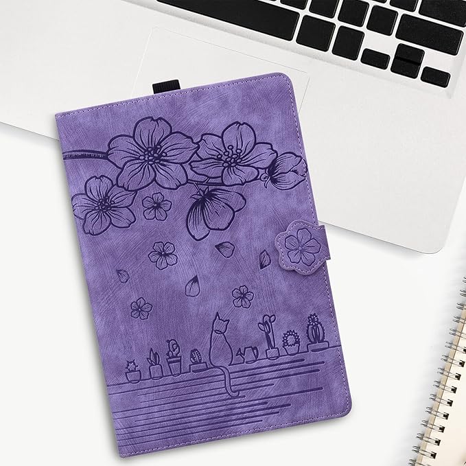 Case for Samsung Galaxy Tab S10 FE+/S10 FE Plus 13.1 Inch 2025 (SM-X620/SM-X626B) with Pencil Holder/Pockets Folio Stand Embossed Cherry Blossom PU Leather Magnetic Wallet Cover Purple Cat