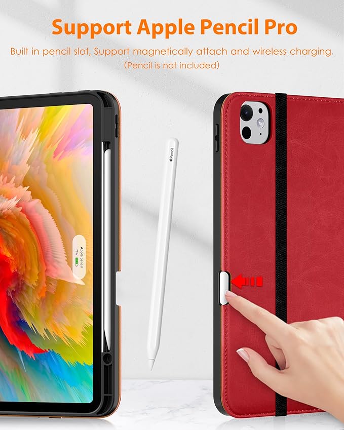 DTTO for iPad Pro 13 inch Case (M5/M4) 2025/2024 Premium Leather Business Folio Stand Cover with Pencil Holder - Auto Wake/Sleep &amp Multiple Viewing Angles Built in Hand Strap &amp Pocket Red