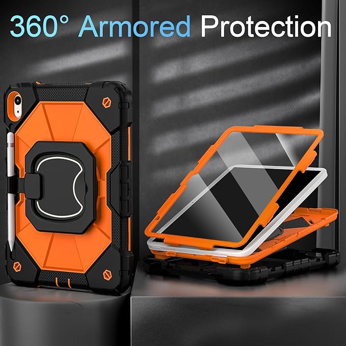 Case for iPad (A16) 11th Generation 11 Inch (2025) /iPad 10th Generation 10.9 Inch (2022) with Screen Protector/Rotating StandMilitary Grade Shockproof i Pad Case 10th GenerationOrange