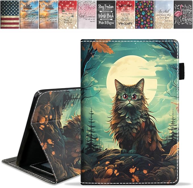 Case for Amazon Kindle Fire 7 Tablet (7 9th/7th Generation 2019/2017 Release) Slim PU Leather Cover with Card Slot &amp Auto Wake/Sleep Cat Under The Moon
