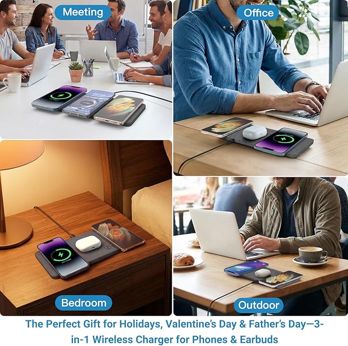 ZealSound Triple Wireless ChargerCharging PadUltra Slim Fast 3x10W Charger Station for Multiple 3 Devices New Airpods Samsung Earbuds Mat Dock W/AC Adapter for All Wireless Charging Phones