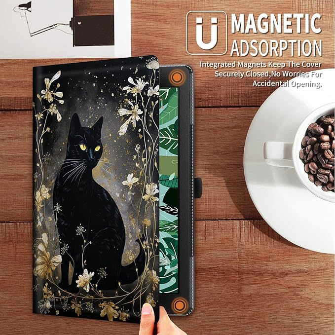 FUYOCWE for Fire HD 10 Tablet Case (13th Generation2023 Release10.1) PU Leather Multi-Angle Folding Stand Smart Flip Cover for Amazon Kindle Fire HD 10 13th Gen-Black Cat with Gold Floral