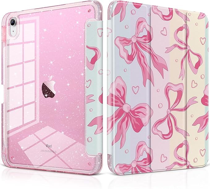 MEEgoodo Case for iPad A16 11th Generation 2025/10th Generation 2022 Glitter Tablet Cases with Transparent Acrylic Back+Trifold Stand +Pencil Holder+Auto Wake/SleepPink Bow &amp Rainbow Striped