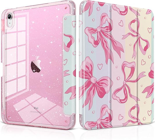 MEEgoodo Case for iPad A16 11th Generation 2025/10th Generation 2022 Glitter Tablet Cases with Transparent Acrylic Back+Trifold Stand +Pencil Holder+Auto Wake/SleepPink Bow &amp Rainbow Striped