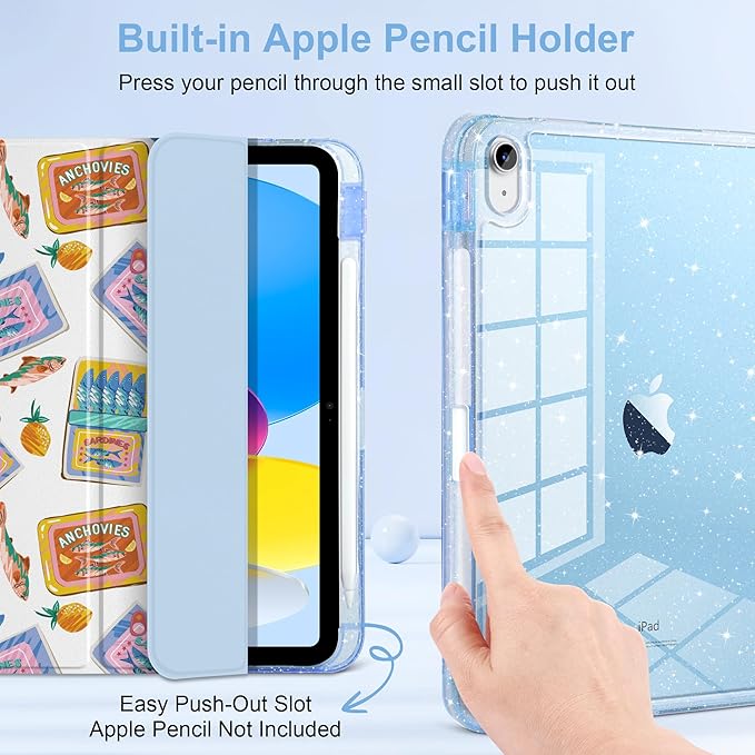 MEEgoodo Case for iPad A16 11th Generation 2025/10th Generation 2022 Glitter Tablet Cases with Transparent Acrylic Back+Trifold Stand +Pencil Holder+Auto Wake/SleepColorful Sardines Fish