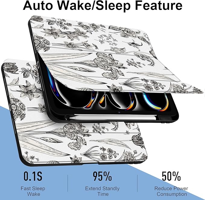 DONGKE for iPad Pro 11-Inch Case (M5 2025 / M4 2024) 6th/5th Generation [Auto Sleep/Wake &amp Pencil Pro Holder] Clear Acrylic Back Smart Trifold Stand Cover Black Florals