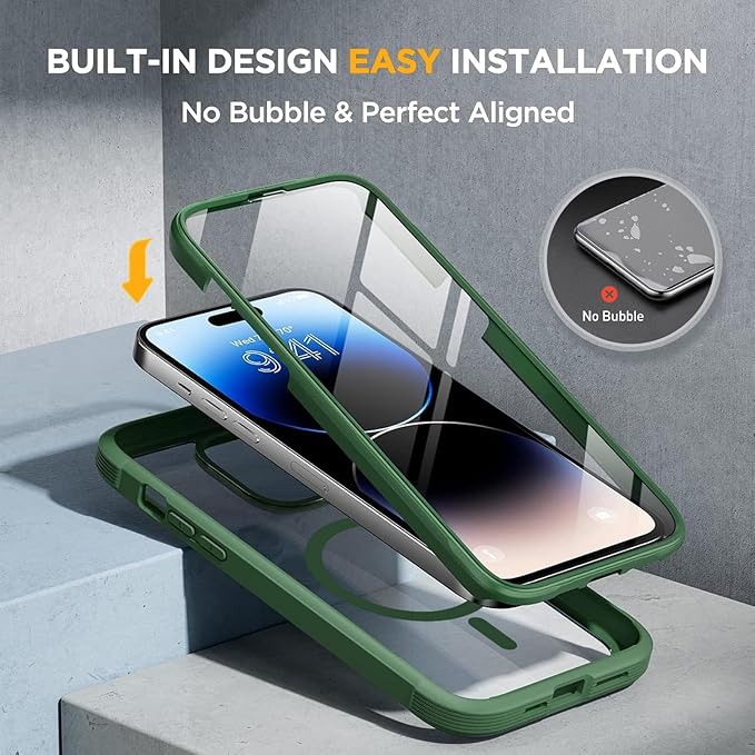 Miracase Magnetic for iPhone 14 Pro Case 6.1 inch (Compatible with MagSafe) Upgrade Full-Body Clear Phone Bumper Case with Built-in 9H Tempered Glass Screen Protector Magnetic Acacia Green
