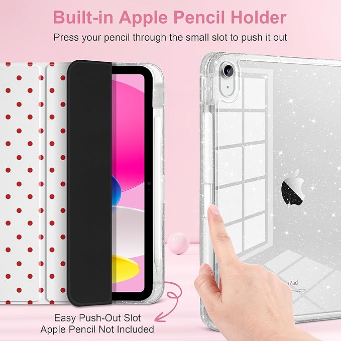 MEEgoodo Case for iPad A16 11th Generation 2025/10th Generation 2022 Glitter Tablet Cases with Transparent Acrylic Back+Trifold Stand +Pencil Holder+Auto Wake/SleepRed Polka Dots