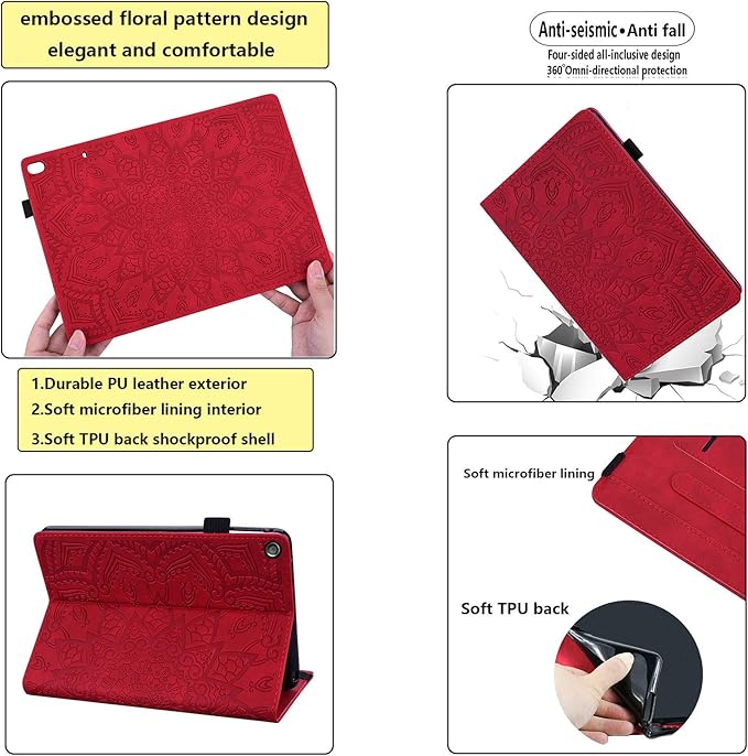 Fire HD 10 Case 9th/7th Generation (2019/2017) 10.1 with Pencil Holder Elastic Band Pocket Multi-Angle Stand Magnetic Folio Wallet PU Leather TPU Shockproof Cover Red Paisley Flower