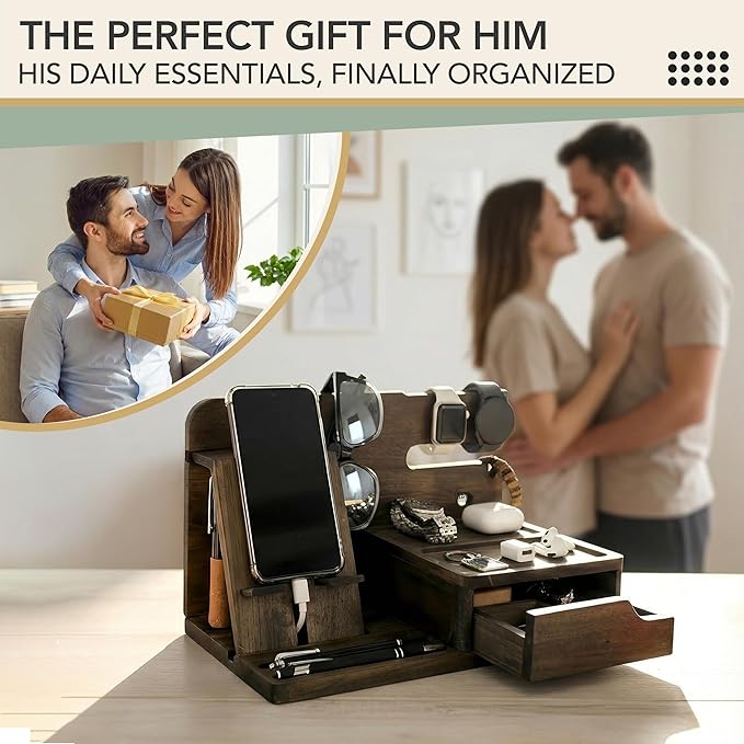 Nightstand Organizer- Phone Docking Station for Men- Unique Gifts for Husband Father or Dad from Wife Son or Daughter- Desk Organizer for Cellphone Watches Wallet and Key (Rustic)