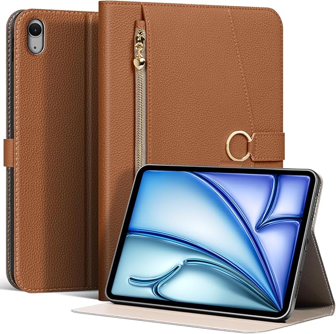 Leather Case for iPad Air 11 M2/M3/M4 (2024-2026) &amp 10.9 4th/5th Gen (2020/2022) with Pocket &amp Buckle Auto Wake/Sleep Shockproof Adjustable StandBrown