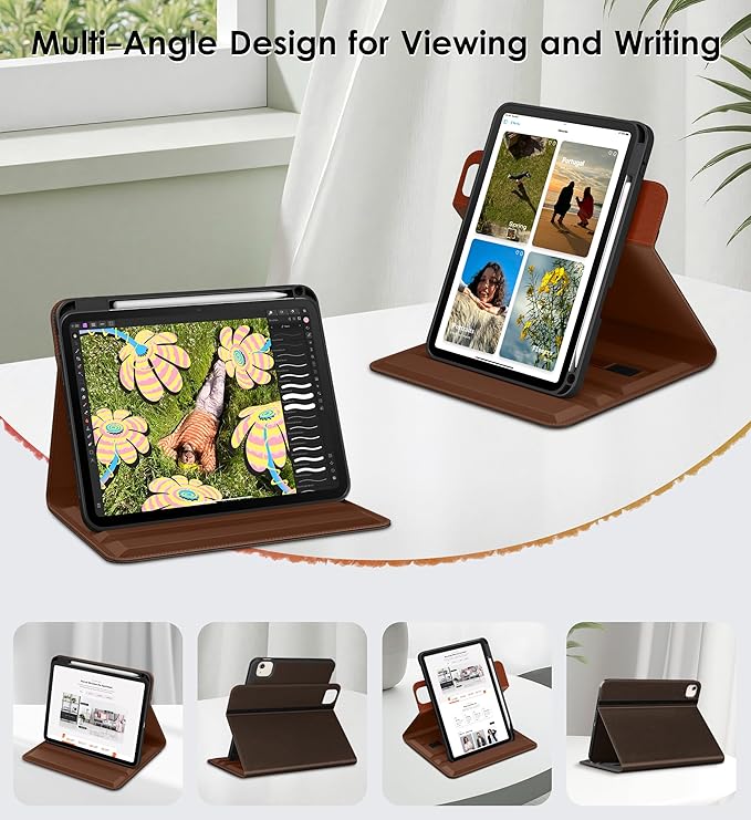 DTTO for iPad Air 11 inch Case M4 / M3 / M2 (2026/2025/2024) iPad Air 5th / 4th Gen (2022/2020) 360 Degree Rotating Premium Leather Folio Stand Cover with Pencil Holder Dark Brown