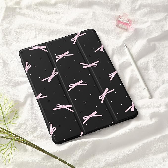 Idocolors Case for iPad 11 inch (A16 Chip) 2025 Generation 11th / iPad 10.9 inch 2022 10th Gen Built-in Pencil Holder with Soft TPU Shockproof Back Shell Auto Wake/Sleep Pink Bow Knot-Black