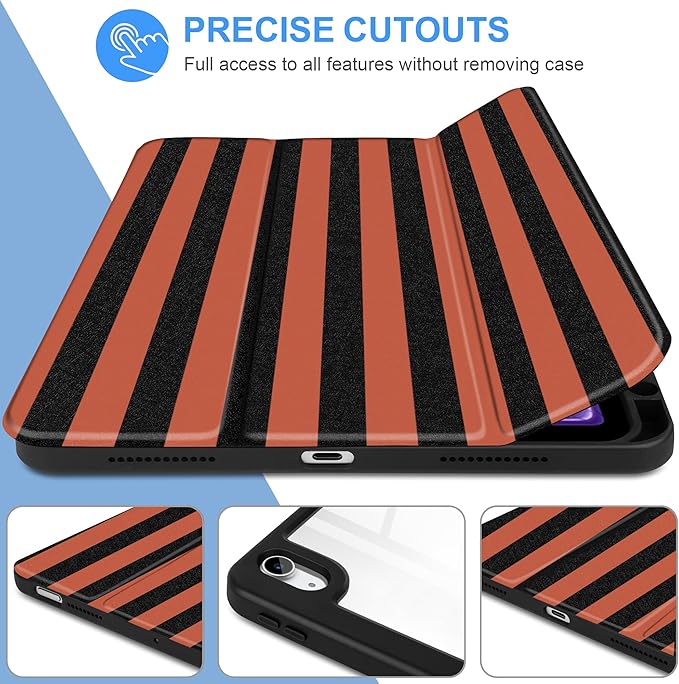 DONGKE Case for iPad Air 11-inch M4 2026 &amp M3 2025 &amp M2 2024 iPad Air 5th/4th Generation 10.9 2022/2020 [Built-in Pencil Holder] Clear Acrylic Back Trifold Stand Smart Cover Orange Stripes
