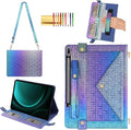 Shiny Case for Samsung Galaxy Tab S10 Ultra/S9 Ultra/S8 Ultra 14.6 Handbag with Pen Holder Techcircle Iridescent PU Folio Envelope Pocket Stand Cover with Hand Strap+Shoulder Strap Shiny Indigo
