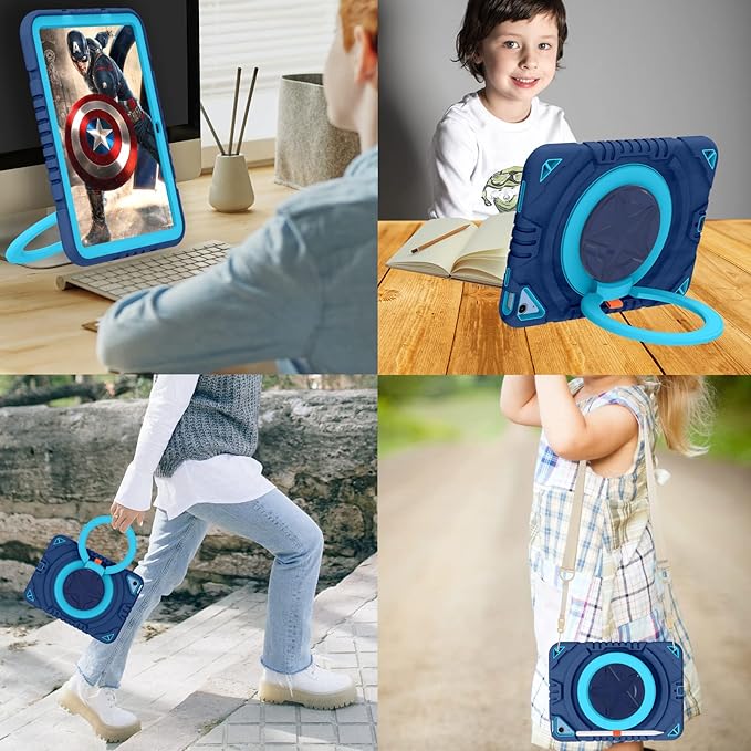 XZC Case for iPad (A16) 11th Generation 11 Inch 2025/ iPad 10th Generation 10.9 Inch 2022 Heavy Duty Shockproof Rugged Cover with Rotating Stand/Pencil Holder/Carrying Shoulder Strap (Blue 1)