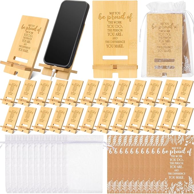 Novabright 24 Sets Employee Appreciation Gifts Bulk Bamboo Wooden Phone Stand for Desk with Greeting Cards Organza Bags Thank You Gifts for Coworkers Nurse Teacher Staff Office