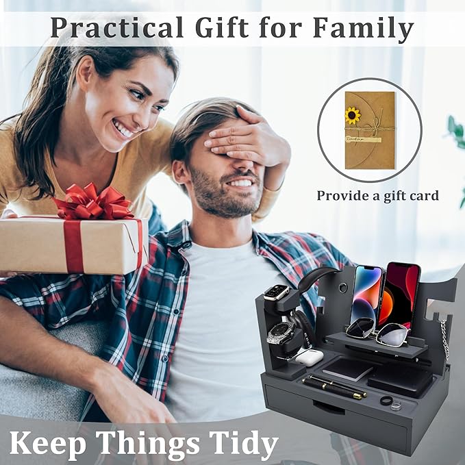 Nightstand Organizer for Men with Large Drawer Wood Phone Docking Station for Phone Apple Watch Wallet &amp Keys Ideal Birthday Gift for Father Husband Bedside Desk Organizer (Grey)