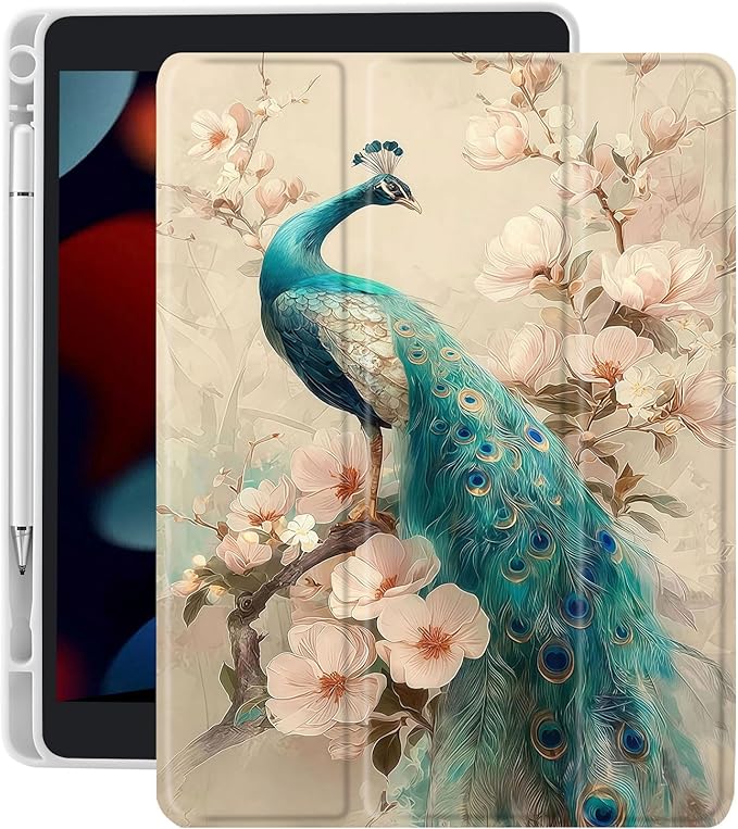 Aesthetic Flower Peacock Case for Ipad Pro 13 Inch M4 2024 Gorgeous Floral Bird Cover Chic Shell Auto Sleep/Wake Anti-Slip Shockproof Cover with Clear Back &amp Pencil Holder(Girls Women)