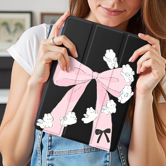 Idocolors Case for iPad 11 inch (A16 Chip) 2025 Generation 11th / iPad 10.9 inch 2022 10th Gen Built-in Pencil Holder with Soft TPU Shockproof Back Shell Auto Wake/Sleep Bunny Bow-Black