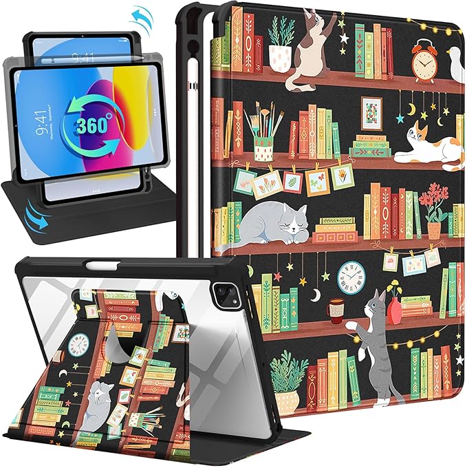 for iPad Air 11 inch Case Air 5th/4th Generation 10.9 Pro 11'' Case Women Girls for Apple Pencil Holder Cute Cat Rotating Folio Cover for iPad Air 11 2024 (M2) 10.9 2022 2020 Pro 11